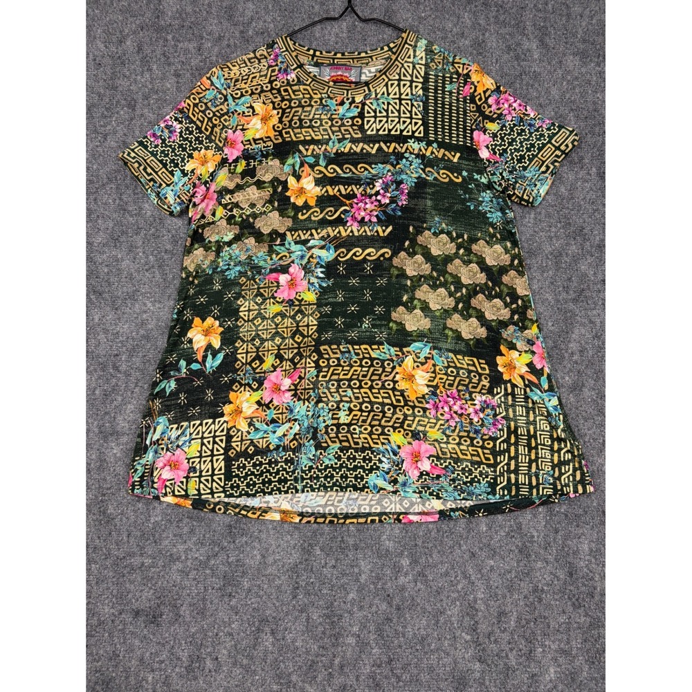Johnny Was Los Angeles Floral Geometric Bamboo Viscose Tee S Green Multi